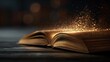 © Generative AI - Open antique book glowing with magical golden dust particles emerging, symbolizing knowledge and imagination