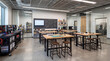 © Sekai - Modern Makerspace Seminar Room Design With Matte Black Rolling Utility Carts Tall Wooden Collaboration Desks