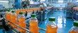 © MD ANWAR - Orange soda bottles on a conveyor belt in a factory production line with green caps and blue floor