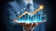 © Generative AI - Businessman holding glowing upward trend arrow and futuristic cityscape graph symbolizing financial growth and success