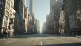 Empty City Street Lined With Tall Buildings Under Bright Sunlight