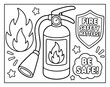 © Hokyubi - Fire extinguisher coloring page for kids featuring flame icons and safety slogans for educational drawing activities