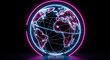 © JimDesign - Globe with neon pink and blue lines on black background representing global connections and networks