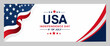 © Nurul Huda - USA Independence Day 2026 banner featuring waving American flag ribbon, patriotic stars, and modern typography. Ideal for July 4th promotions, web banners, social media, and national holiday cel