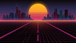 © Ega Cg - Futuristic cityscape with vibrant sunset and neon grid, retro cyberpunk style
