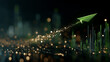 © Wasin Arsasoi - Green paper airplane soaring through digital landscape with glowing lights and bar graph suggesting growth and innovation.