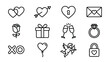 © Soniyaakter - Set of 12 Minimalist Valentine's Day and Romance Line Icons Featuring Hearts, Cupid, Rose, Diamond Ring, Gift Box, Champagne Glasses, and Love Letter for Wedding and Anniversary Vector Design