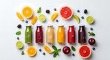 Assorted Healthy Fruit Juices and Smoothies in Glass Bottles on White Background
