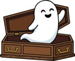 © raed - Cute Halloween ghost waving from wooden coffin vector illustration. Kawaii friendly spook character. Minimalist flat design ghost. Spooky season clipart. Funny ghost icon. Wooden casket with cartoon