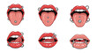 © Fahim - Artistic collection of lips and tongues featuring various styles of metal piercings and vibrant red lipstick.