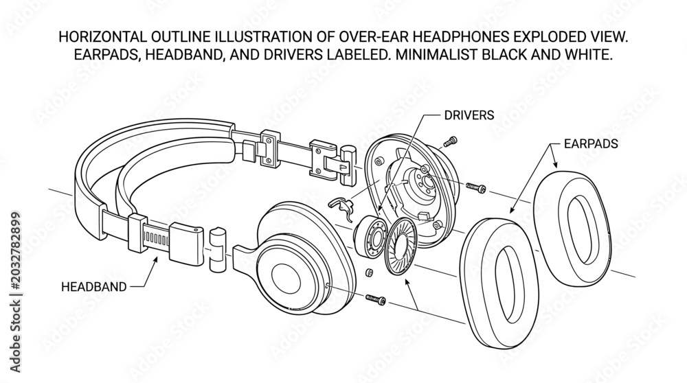 Exploded view technical illustration of over ear headphones with ...