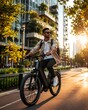© Riccardo - Young man riding electric bike on city street, commuting for sustainable urban transportation during sunset