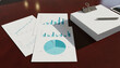 © Mirivox - Charts and graphs on paper alongside a stack of white paper, a pen, and a binder clip, symbolizing business analysis, planning, and data visualization.