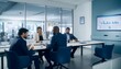 © Mirana - Diverse group of professionals in a modern office meeting room, discussing a financial report displayed on a large screen.