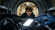 © kinomaster - A man looks worriedly at a smartphone inside a washing machine with clothes. Concept of technology mishaps, daily life challenges, and digital dependency. Generative AI