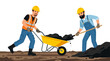 © Adilah_Fathir - Two construction workers collaborating to move soil with a wheelbarrow on a job site.