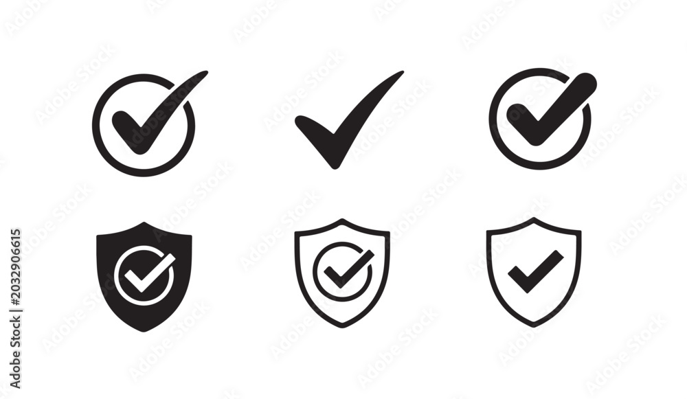 Check mark symbols and protective shield icons for security and ...