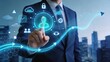 © James - Businessman touching futuristic hologram interface, digital transformation concept with cloud computing, data security and analytics icons floating in air against city skyline
