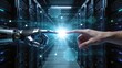 © James - Human hand touching robotic finger in server room, human machine interface concept, future technology collaboration, artificial intelligence integration with industrial automation