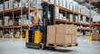© 21graphic - Warehouse Logistics: Male Worker Operating Electric Forklift with Cardboard Boxes in Modern Facility Photo