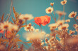 © Hektor2 - Detailed horizontal shot of vibrant red poppies with dew or water drops on petals. Dreamy vintage aesthetic with beautiful bokeh and golden light, nostalgic summer nature illustration.