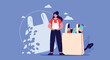© Illustrate Hub - Woman stands between a dissolving plastic bag and a reusable eco bag filled with groceries, promoting environmental sustainability.