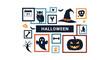 © UrbanVector Lab - Creative Halloween themed collage featuring spooky icons like ghosts, pumpkins, bats, owls, and witches hats in frames.