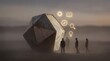 © Andriko - People interact with large geometric sculpture in desert landscape at sunset