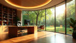 © Viktor - Modern office with curved window wall overlooks green garden and trees. Sunlight streams into room with desk computer and bookshelves. Elegant workspace with natural light and wood elements.
