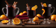 © Rayan Heaven - Three glass mugs filled with mulled wine, garnished with cinnamon sticks and orange slices on a dark rustic table. A warm, festive beverage setting with spices and fruits in a cozy atmosphere