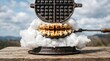 © SubaDesigns - Creative food art monster made from a vintage cast iron waffle maker and baked waffles outdoors on a rustic wooden table