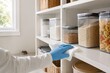 © crispy - Person cleaning kitchen shelf with blue glove to prevent hantavirus. Rodent control in home pantry. Elimination of mouse excrement and disinfection of storage area surface for hygiene