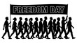 © Asif - Silhouette of a group of people marching and holding a banner with the text freedom day isolated on transparent background