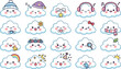 © MeheDi - Cute cartoon cloud character sticker set featuring funny emojis sleeping listening to music wearing winter hats headphones scarves and celebrating birthday parties vector.