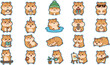 © MeheDi - Cute cartoon hamster character sticker set featuring the little rodent painting playing guitar reading books skateboarding eating snacks and watering plants vectors.