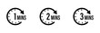 © Md. Latif Mamun - Timer icons for 1, 2, and 3 minutes with clock faces and curved arrows vector
