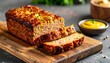 © josh - Hearty homemade meatloaf, freshly baked and sliced on a rustic wooden board, ready to be served as a comforting meal with a savory sauce, perfect for a family dinner