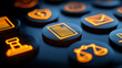 © Benjamin - Legal and document icons arranged on digital buttons, representing online compliance, law technology, contract management, and secure administrative workflow.
