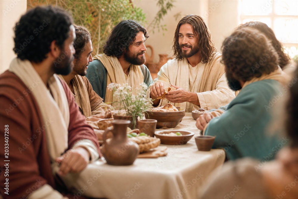 Jesus Breaking Bread at Last Supper with Disciples, Judas Hiding Money ...