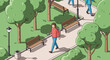 © nadia - Man walking in park with trees, benches, and people in background