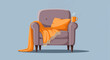 © Ari - Flat vector illustration of a mauve armchair with an orange fringed blanket draped over the side, featuring an orange cushion and a steaming coffee mug on the armrest over a blue background.