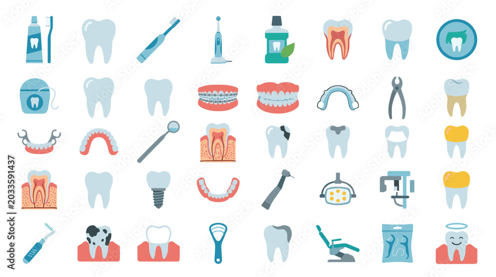 Dental Care and Oral Hygiene Icons Set Toothbrush Paste Floss Mouthwash ...