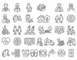 © Dumirah - A collection of line art icons representing various aspects of elderly care, health, and senior lifestyle, including medical professionals, assistive devices, home comfort, and social activities.