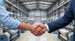© Someone Cooked Here - industrial business handshake inside textile production factory for export manufacturing finance and sme partnership concept