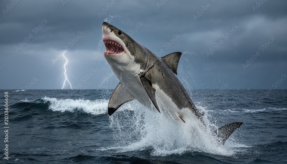Predator Jumping Leaping Predator: A powerful great white shark breaches the turbulent ...