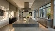 © Sinechana - 4.Indoor architectural photograph of a brutalist style family kitchen, exposed concrete surfaces, stainless steel appliances, clean geometric forms, large windows bringing in natural daylight, modern