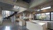 © Sinechana - 82.Indoor architectural photograph of a brutalist style family kitchen, exposed concrete surfaces, stainless steel appliances, clean geometric forms, large windows bringing in natural daylight,