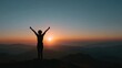 © Selvi - Woman standing with arms raised atop a mountain during sunset, embracing nature and personal achievement