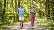 © Masque - Active and healthy aged couple running through a natural forest environment on a summer morning.