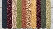 © Masque - Colorful strips of dried legumes, beans, and lentils arranged on a textured surface.